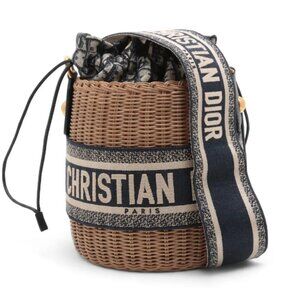 Christian Dior Oblique Rattan Canvas Bucket Shoulder Bag Beige x Navy Blue
